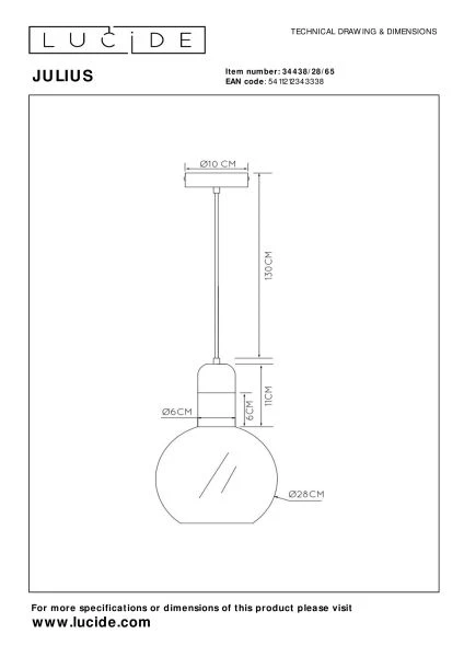 Lucide JULIUS - Pendelleuchten - Ø 28 cm - 1xE27 - Rauchfarbe Grau - TECHNISCH